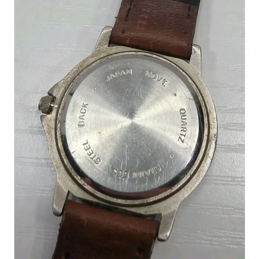 Time Military Dial Silver Tone Quartz Brown Leather Band Watch New Battery W279